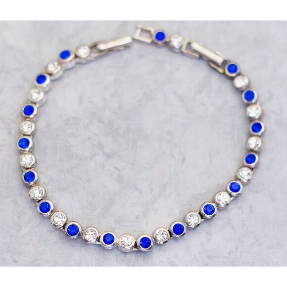 8 Inch, Colorful Rhinestone Silver and Blue Art Deco Bracelet by Avon - CS1 - Picture 2 of 3